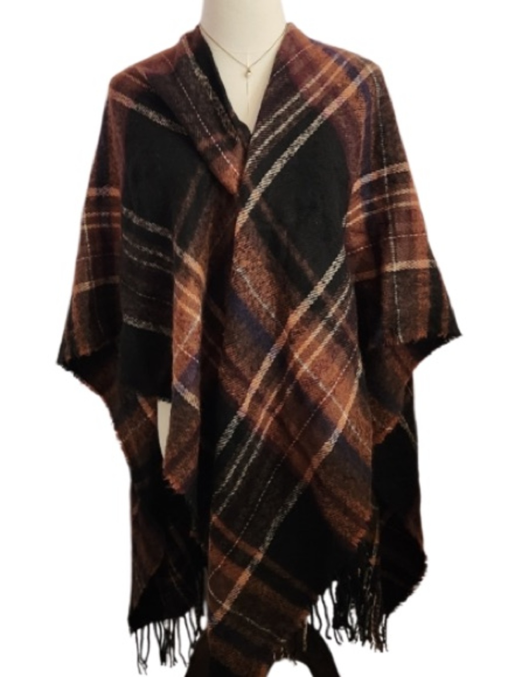 Apt. 9 Plaid Fringe Ruana in Brown & Black. Open front or closed. Fall weather